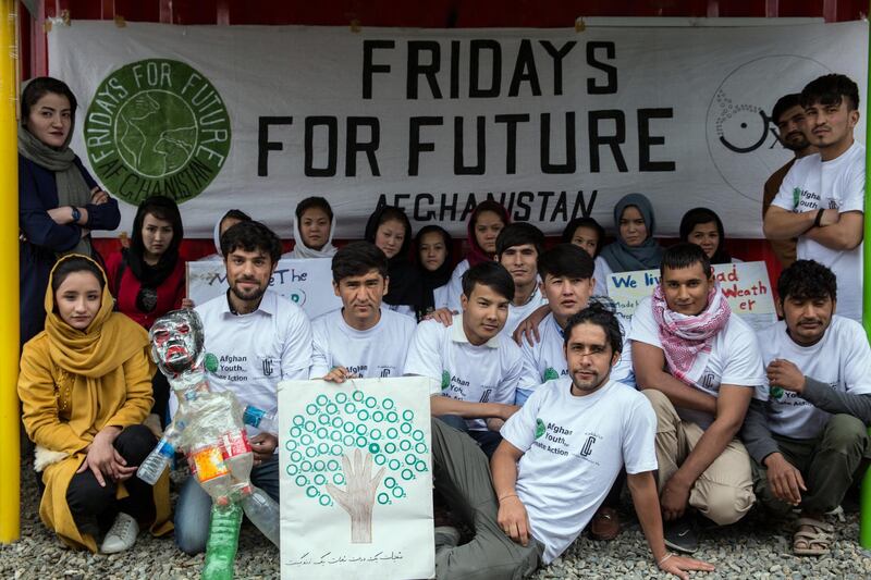 Afghanistan's Fridays for Future chapter poses for a picture at their office in West Kabul. 