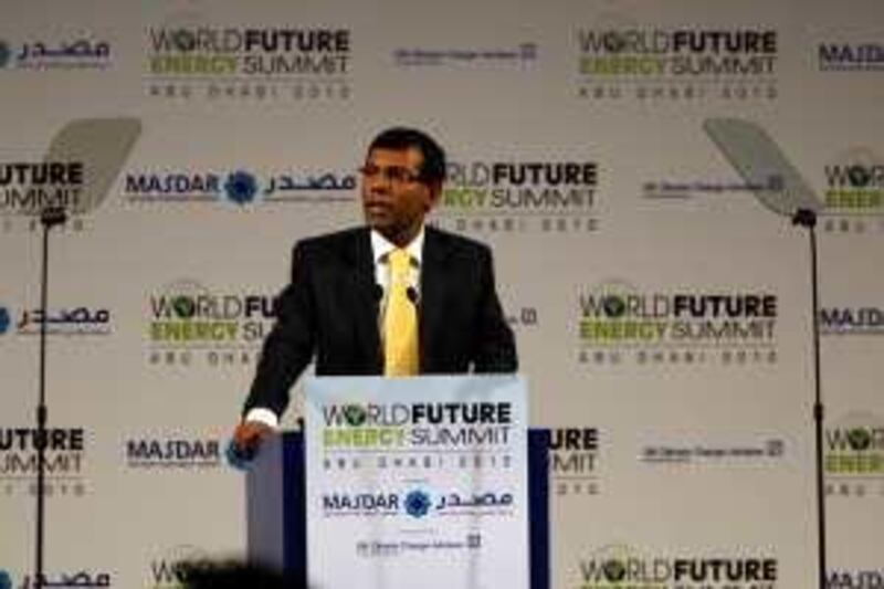 ABU DHABI  18th January 2010. WORLD FUTURE ENERGY SUMMIT. DAY 1. Mohamed Nasheed, President of the Maldives speaking at the opening of the World Future Energy Summit in Abu Dhabi yesterday( mon)  Stephen Lock   /  The National  .