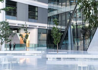 DUBAI, UNITED ARAB EMIRATES. 18 OCTOBER 2020. 
Lobby of ICD Brookfield Place building on Al Mustaqbal Street.
(Photo: Reem Mohammed/The National)

Reporter:
Section: