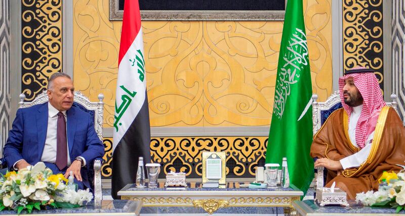 Saudi Crown Prince Mohammed bin Salman meets Iraqi Prime Minister Mustafa Al Kadhimi, in Jeddah. Saudi Royal Palace / AP