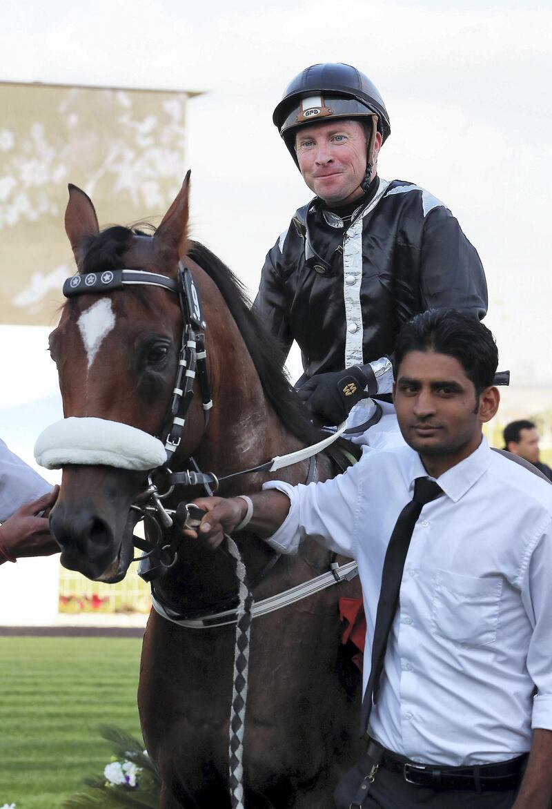 ABU DHABI , UNITED ARAB EMIRATES , March 10 – 2019 :- AF Al Moreeb (AE) ridden by Tadhg o’Shea ( no 9 ) won the 1600m horse race at the Abu Dhabi Equestrian Club in Abu Dhabi.  ( Pawan Singh / The National ) For Sports. Story by Amith