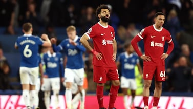 LIVERPOOL, ENGLAND - APRIL 24: Mohamed Salah of Liverpool looks dejected after Dominic Calvert-Lewin of Everton (not pictured) scores his team's second goal during the Premier League match between Everton FC and Liverpool FC at Goodison Park on April 24, 2024 in Liverpool, England. (Photo by Naomi Baker / Getty Images)