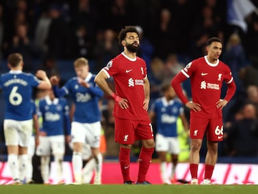 LIVERPOOL, ENGLAND - APRIL 24: Mohamed Salah of Liverpool looks dejected after Dominic Calvert-Lewin of Everton (not pictured) scores his team's second goal during the Premier League match between Everton FC and Liverpool FC at Goodison Park on April 24, 2024 in Liverpool, England. (Photo by Naomi Baker / Getty Images)