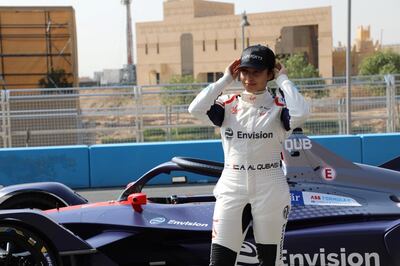 Emirati racing driver Amna Al Qubaisi on Sunday became the first woman to take part in a Formula E test when she drove for the Envision Virgin Racing team in Riyadh. Karma Gurung / The National