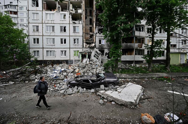 A heavily damaged residential building in the Saltivka district of  Kharkiv. AFP