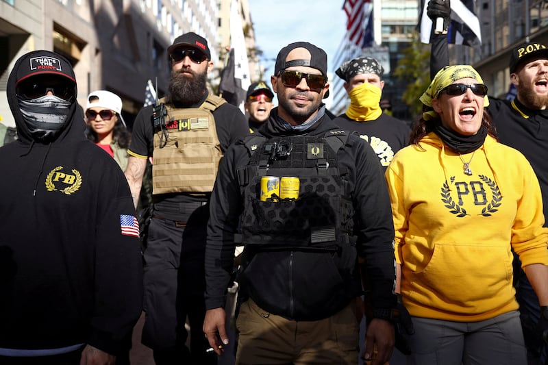  Members of the far-right Proud Boys, including leader Henry 'Enrique' Tarrio, rally in support of former president Donald Trump. Reuters