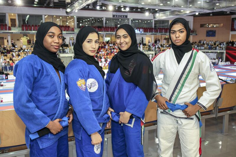 November 24, 2017.  Al Shaheed (Martyr) Jiu-Jitsu U18 tournament for girls at Arena at Zayed Sports City.   UAE National Jiu-Jitsu Team
(L-R) Hessa Alshamsi-57kg-17 years
Mahra Alhanaei-52kg-16 years
Maitha Shrem-52kg-17 years 
shayer AlmatroosBhi-63kg-16 years
Victor Besa for The National
Sports
Reporter: Amith Passela