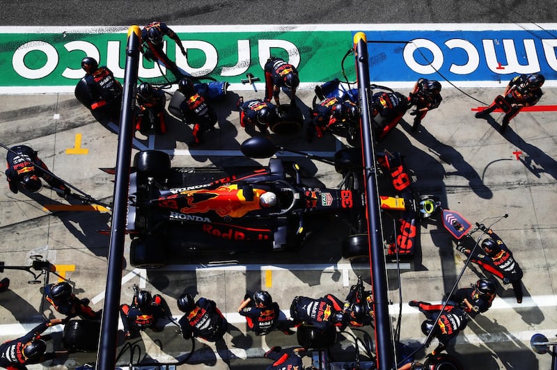 Max Verstappen of Red Bull comes in for a tyre change. Getty