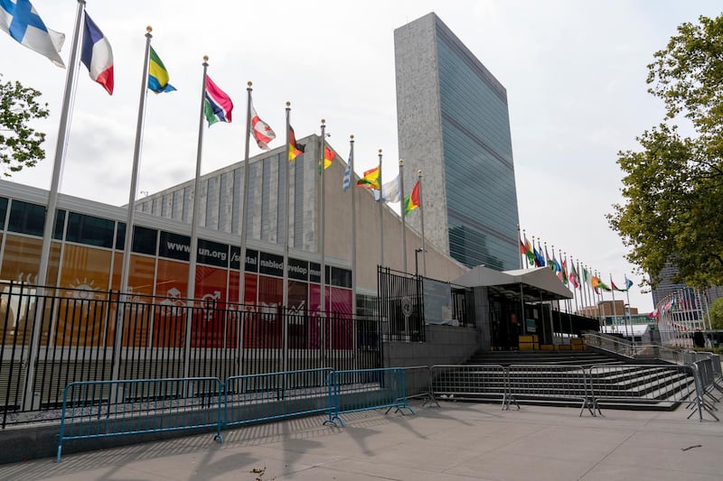 Metal barricades line the shuttered main entrance to the United Nations headquarters, on Friday, September 18, 2020, in New York. AP Photo