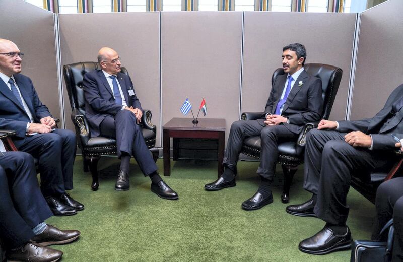 Sheikh Abdullah bin Zayed, Minister of Foreign Affairs and International Cooperation meeting with Nikos Dendias from Greece on the sidelines of the 74th session of the UN General Assembly, WAM 