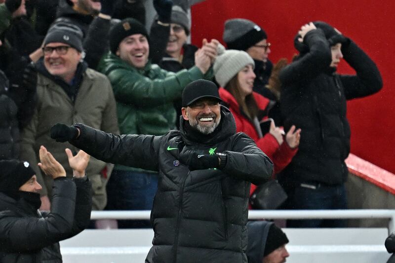 Liverpool manager Jurgen Klopp celebrates after Alexis Mac Allister's goal. AFP