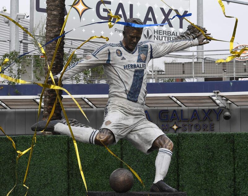 The newly unveiled statue of former Los Angeles Galaxy midfielder David Beckham. AFP