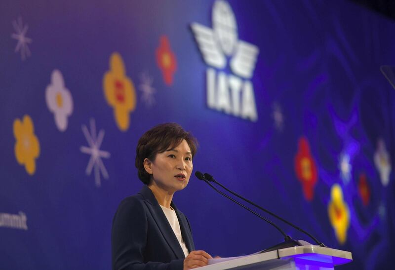 South Korea's Transport Minister Kim Hyun-mee speaks during the opening session of the annual general meeting. AFP