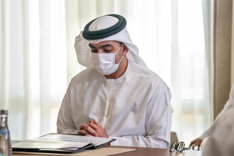 ABU DHABI, UNITED ARAB EMIRATES - July 21, 2020: HH Sheikh Hamed bin Zayed Al Nahyan, Member of Abu Dhabi Executive Council (C), meets with Board of Directors' of the Abu Dhabi Investment Authority (ADIA).

( Rashed Al Mansoori / Ministry of Presidential Affairs )
---