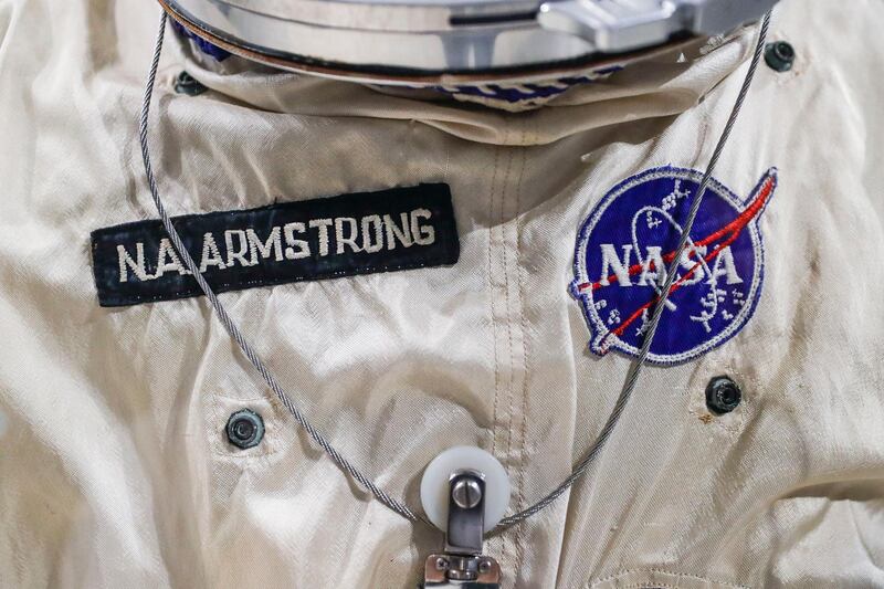 Patches adorn the spacesuit worm by astronaut Neil Armstrong for the Gemini VIII mission.