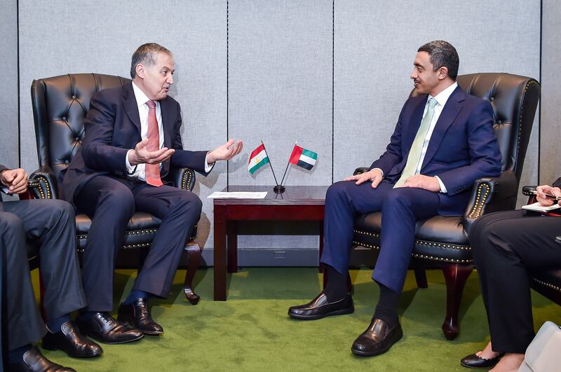 Sheikh Abdullah bin Zayed Al Nahyan, Minister of Foreign Affairs and International Cooperation, with Aslov Sirodjidin, Tajikistan's Minister of Foreign Affairs. WAM