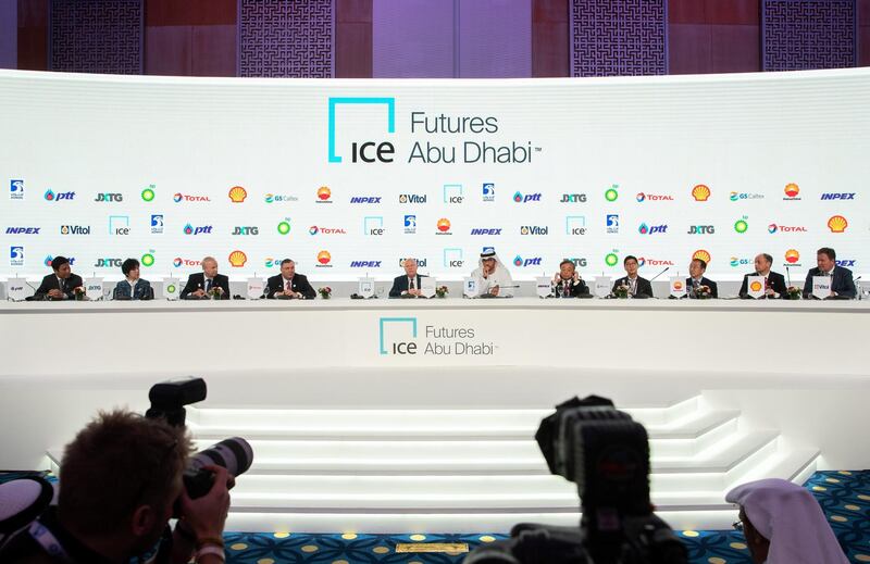 Abu Dhabi, United Arab Emirates, November 11, 2019.  
ADIPEC day 1 PRESS Conference.
--  (centre) H.E. Sultan Ahmed Al Jaber, Minister of State, United Arab Emirates, the Director-General and CEO of the Abu Dhabi National Oil Company (ADNOC Group), during the Press Conference.
Victor Besa / The National
Section:  NA
Reporter:  Jennifer Gnana