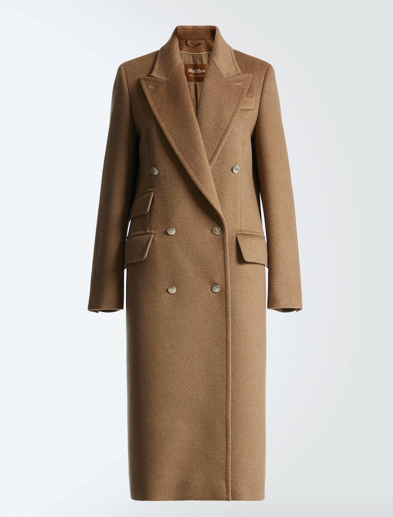 Exclusive to the Middle East: double-breasted coat in camel wool with silk MaxMaragram lining and gold buttons, from Max Mara