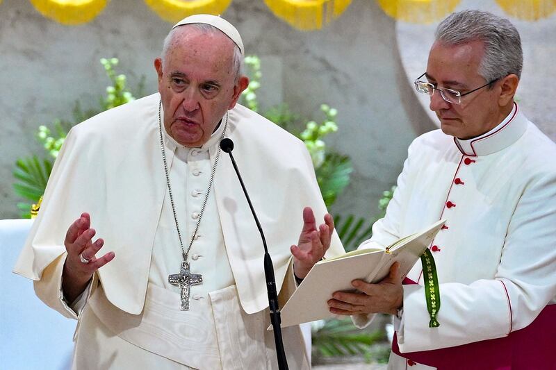 Pope Francis speaks at the Sacred Heart Church in the Bahraini capital, Manama. AFP