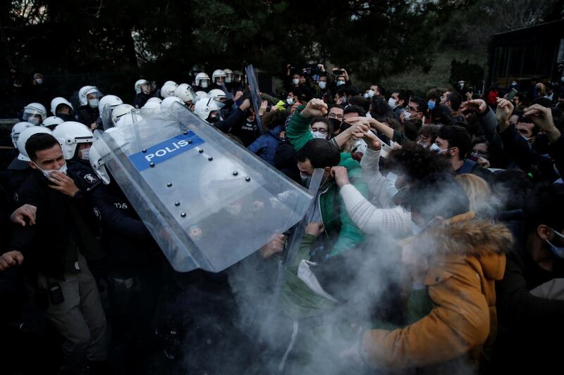 Turkish riot police clash with students of Bogazici University. Reuters