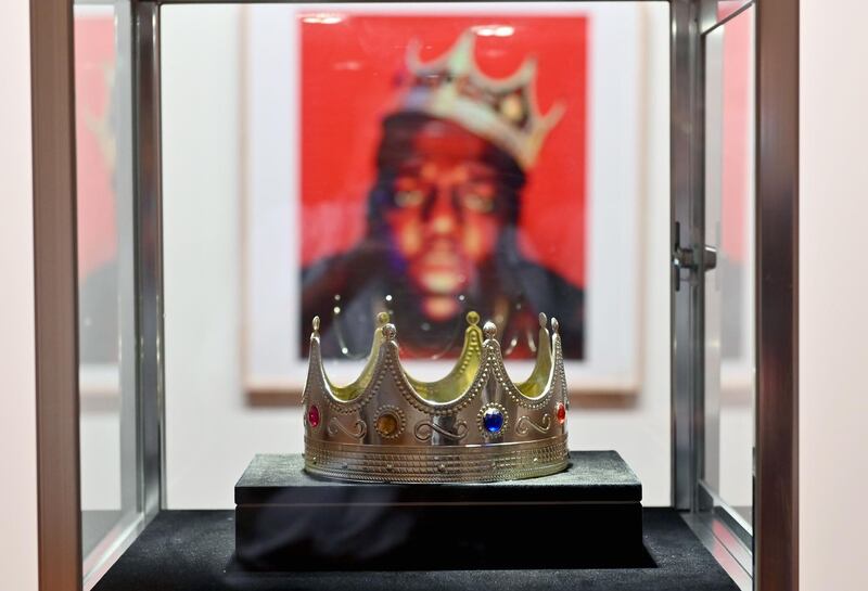 The crown worn by Notorious BIG, when photographed as the King of New York, is displayed during a press preview at Sotheby's first hip-hop auction on September 10, 2020 in New York City. AFP