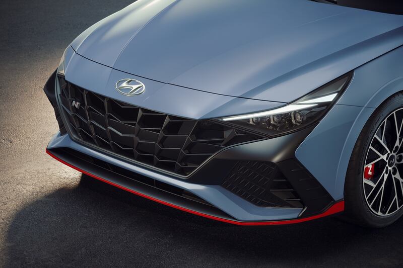 The front end of an Elantra, decked out in Hyundai's N blue.