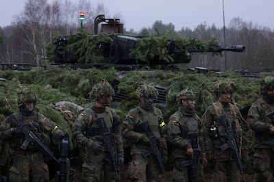 Infantry soldiers of the Bundeswehr, the German armed forces, in front of a Puma infantry fighting vehicle, during a visit by German Defence Minister Boris Pistorius on January 26, near Moeckern, Germany. Getty