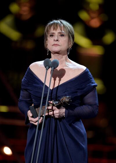 LONDON, ENGLAND - APRIL 07:   Patti LuPone accepts the Best Actress In A Supporting Role In A Musical award for 'Company' on stage during The Olivier Awards 2019 with Mastercard at the Royal Albert Hall on April 07, 2019 in London, England. (Photo by Jeff Spicer/Getty Images)