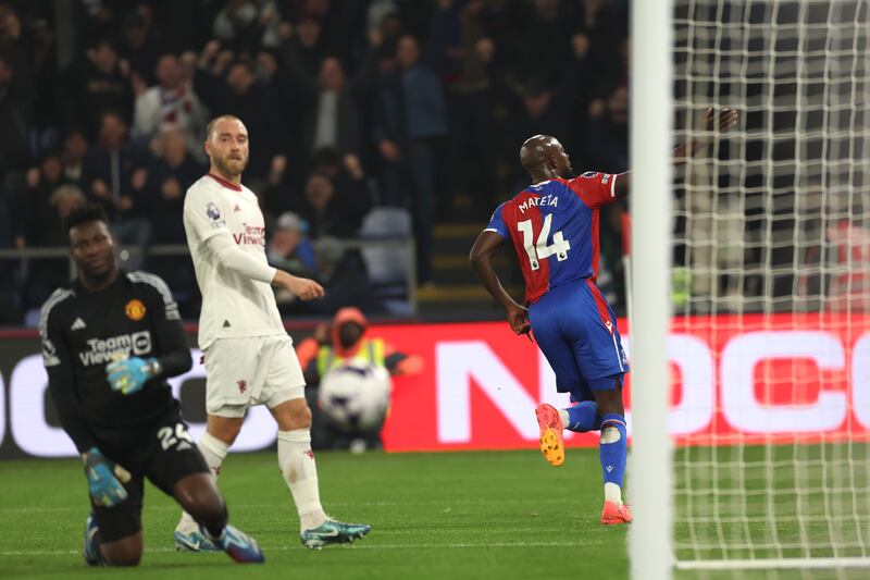 Jean-Philippe Mateta starts to celebrate after scoring Crystal Palace's second goal. AP