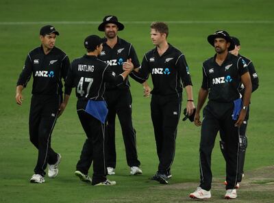 DUBAI, UNITED ARAB EMIRATES - NOVEMBER 11:  Lockie Ferguson of New Zealand celebrates with team-mates after dismissing Hasan Ali of Pakistan during the 3rd One Day International match between Pakistan and New Zealand at Dubai International Stadium on November 11, 2018 in Dubai, United Arab Emirates.  (Photo by Francois Nel/Getty Images)