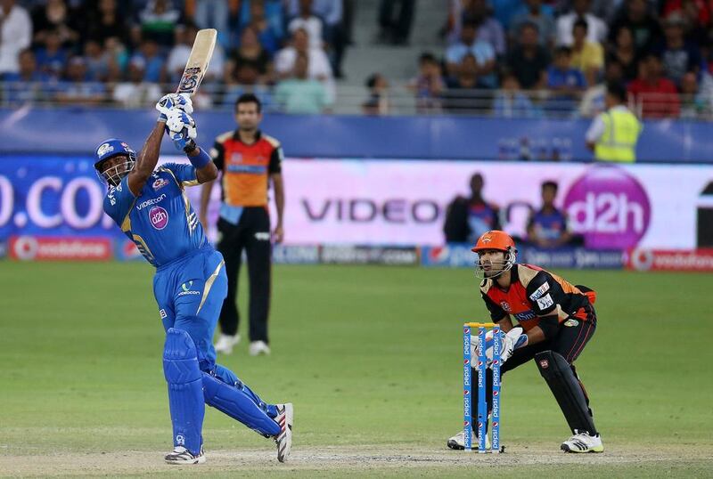 Kieron Pollard of Mumbai Indians playing a shot in the IPL match against Sunrisers Hyderabad in Dubai on Wednesday. Pollard made 78 runs from 48 balls. Pawan Singh / The National / April 30, 2014