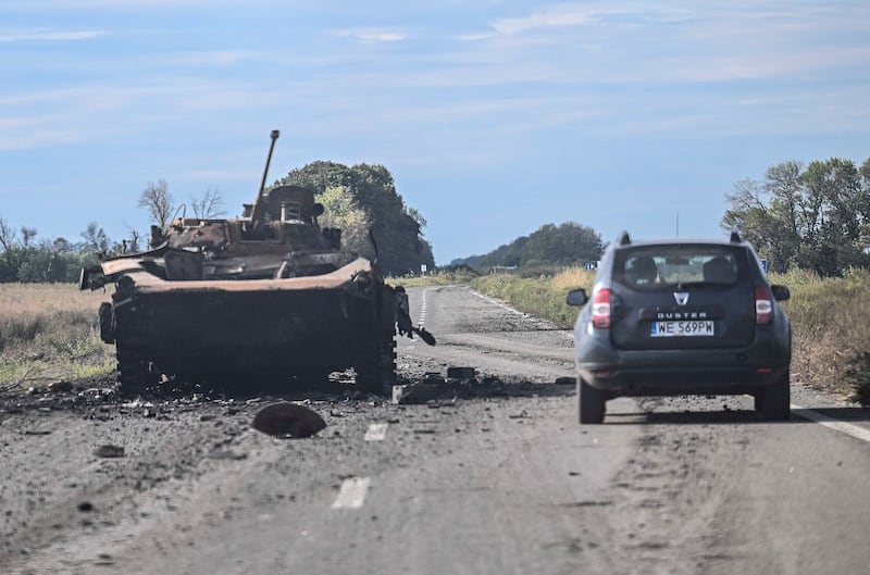 A burnt-out tank in Kharkiv region. AFP