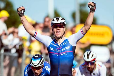 Dutch rider Fabio Jakobsen of the Quick-Step Alpha Vinyl Team celebrates while crossing the finish line to win the second stage of the Tour de France 2022 cycling race over 202. 5km between Roskilde and Nyborg, Denmark, 02 July 2022.   EPA / Tim Kildeborg Jensen  DENMARK OUT