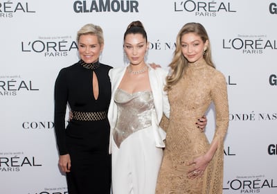 Gigi Hadid, right, with her mother Yolanda and sister Bella at the 2017 Glamour Women of the Year Awards in New York City. WireImage
