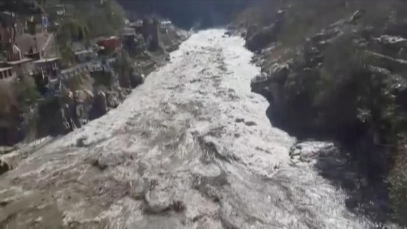 General view of a flash flood in Chamoli, Uttarakhand, India, in this still image obtained from a video. Reuters