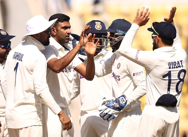 Ravichandran Ashwin of India celebrates taking the wicket of Alex Carey. Getty
