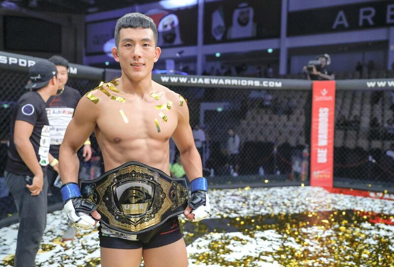 Abu Dhabi, United Arab Emirates, October 18, 2019.  UAE Warriors Fighting Championship at the Mubadala Arena.  The new featherweight champion, Koran Lee Do-gyeom from South Korea.
Victor Besa/The National
Section:  SP
Reporter:  Amith Passela