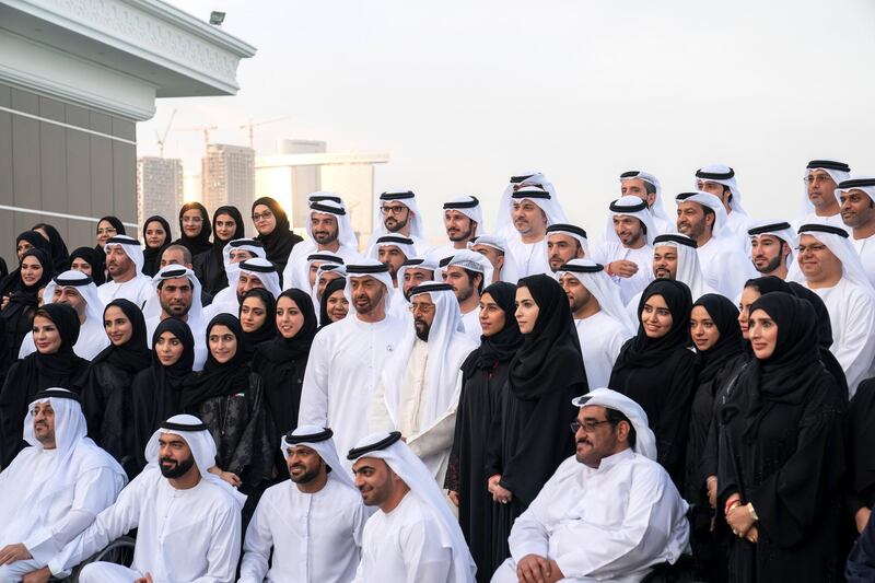 ABU DHABI, UNITED ARAB EMIRATES - January 07, 2019: HH Sheikh Mohamed bin Zayed Al Nahyan, Crown Prince of Abu Dhabi and Deputy Supreme Commander of the UAE Armed Forces (2nd row 6th L), stands for a photograph with members of the Host Town committees of the Special Olympics World Games Abu Dhabi 2019, at the Sea Palace barza. Seen with HH Sheikh Tahnoon bin Mohamed Al Nahyan, Ruler's Representative in Al Ain Region (2nd row 7th L), and HE Saif Ghobash, Director General of Abu Dhabi Tourism and Culture Authority (front row 2nd L).
( Mohamed Al Hammadi / Ministry of Presidential Affairs )
---