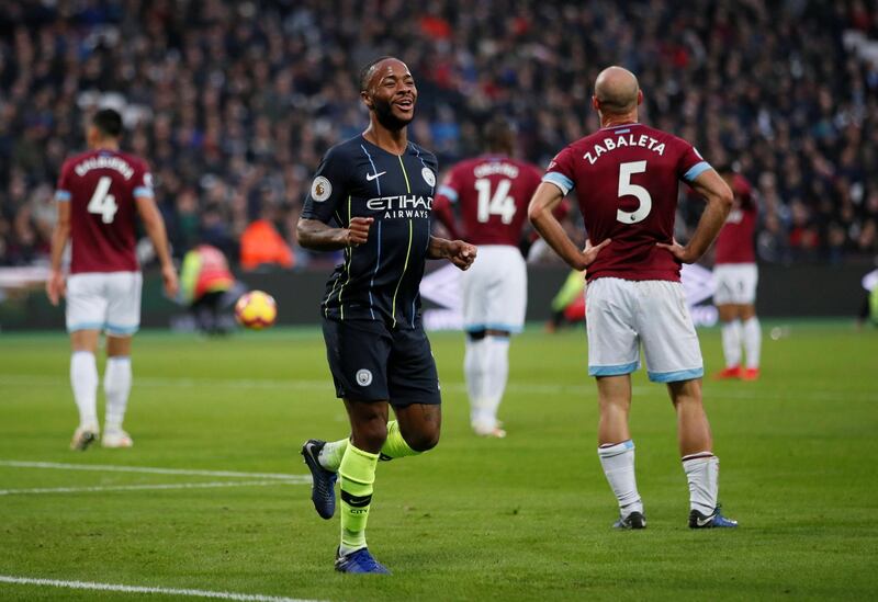 Soccer Football - Premier League - West Ham United v Manchester City - London Stadium, London, Britain - November 24, 2018  Manchester City's Raheem Sterling celebrates scoring their second goal      REUTERS/David Klein  EDITORIAL USE ONLY. No use with unauthorized audio, video, data, fixture lists, club/league logos or "live" services. Online in-match use limited to 75 images, no video emulation. No use in betting, games or single club/league/player publications.  Please contact your account representative for further details.