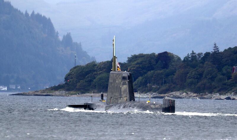 One of the Royal Navy's seven Astute-class nuclear-powered attack submarine moves through the water at the entrance to Holy Loch and Loch Long near Kilcreggan, in Argyll and Bute. (Photo by Andrew Milligan/PA Images via Getty Images)