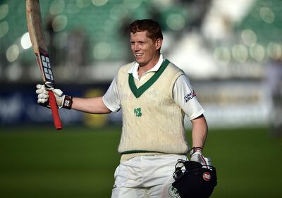 MALAHIDE, IRELAND - MAY 14: Kevin O'Brien of Ireland celebrates scoring a test century during the fourth day of the international test cricket match between Ireland and Pakistan on May 14, 2018 in Malahide, Ireland. (Photo by Charles McQuillan/Getty Images)