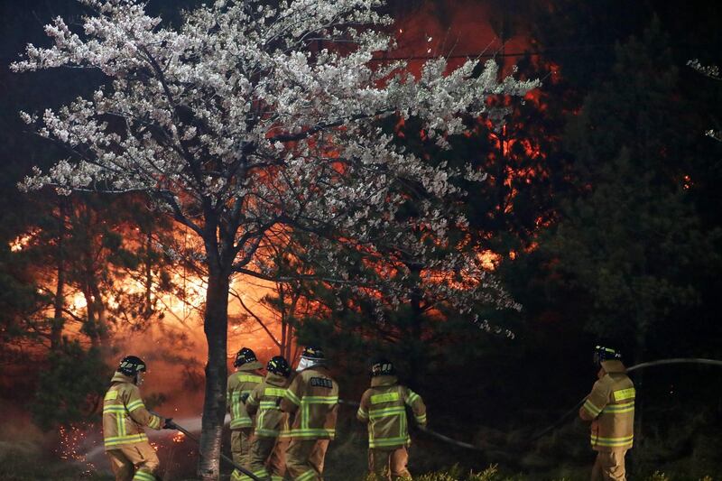 Firefighters struggle to extinguish fire in Sokcho. Yonhap / EPA