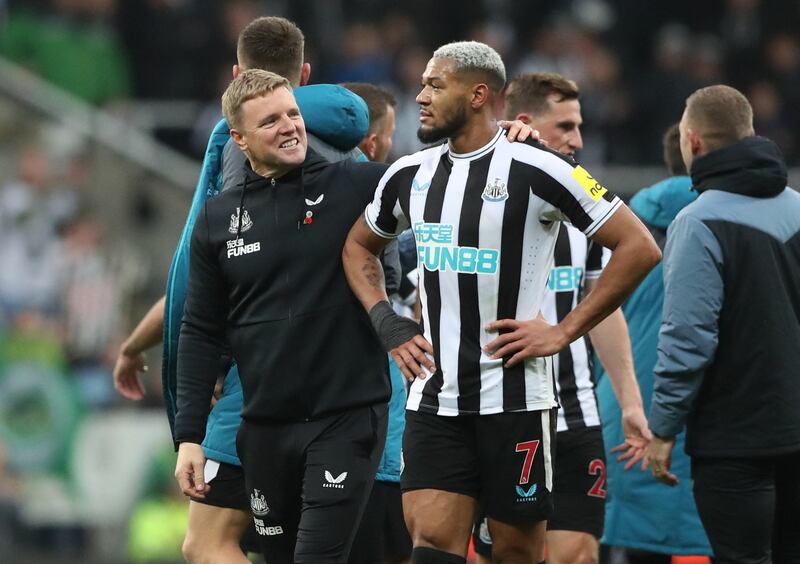 Newcastle manager Eddie Howe with Joelinton after the match. Reuters