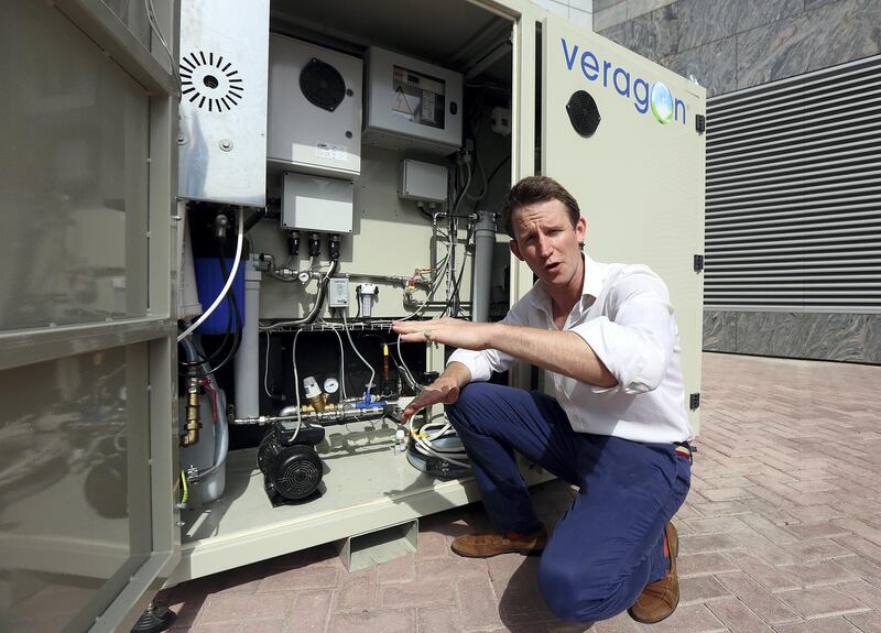 Dubai, April 05, 2018: Harry Amos from Kestrel Global demononstrating the Air-To-Water Unit during the interview in Dubai. Satish Kumar for the National