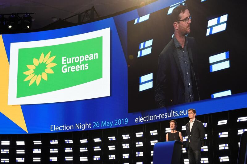 European Green party leading candidates Ska Keller from Germany (L) and Bas Eickhout from the Netherlands give a speech during a EPP election-night event for European parliamentary elections in Brussels on May 26, 2019. / AFP / JOHN THYS         
