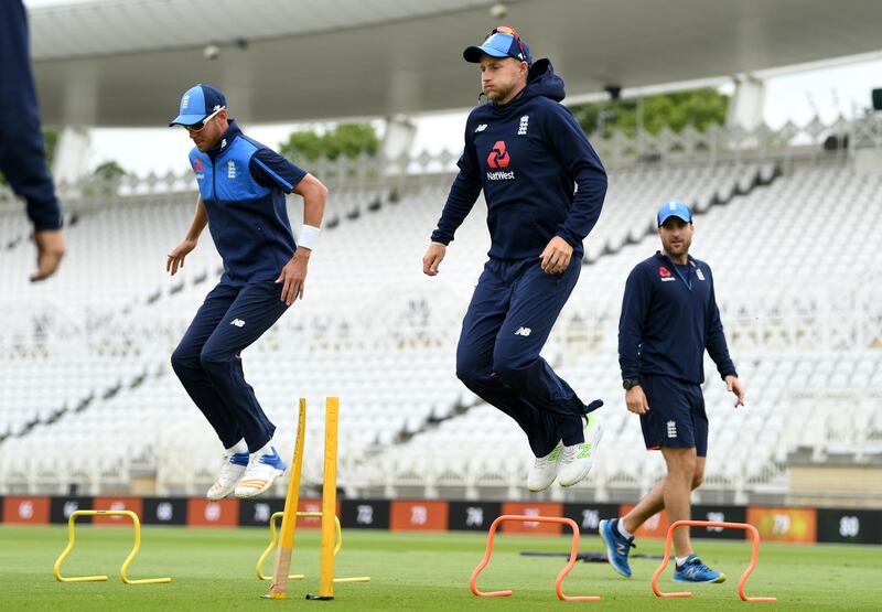 NOTTINGHAM, ENGLAND - JULY 13:  England captain Joe Root and Stuart Broad warm up ahead of a nets session at Trent Bridge on July 13, 2017 in Nottingham, England.  (Photo by Gareth Copley/Getty Images)