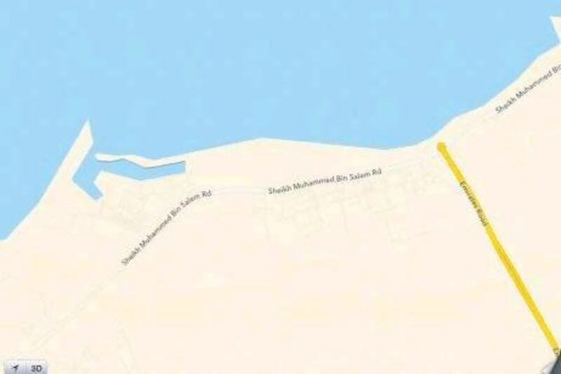 The new Maps app shows a largely unmarked Ras Al Khaimah’s Marjan.