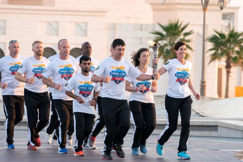 ABU DHABI, UNITED ARAB EMIRATES - March 10, 2019: The Special Olympics World Games 2019 Law Enforcement Torch Run, at the Presidential Palace.

( Hamad Al Mansoori / Ministry of Presidential Affairs )
---