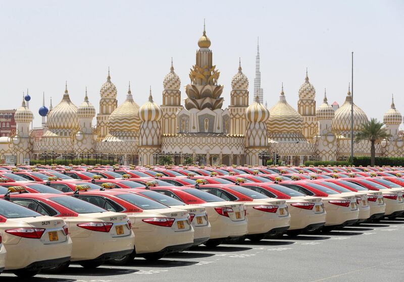 Dubai, United Arab Emirates - Reporter: N/A: A lot of taxi's sit outside Global Village. Wednesday, April 1st, 2020. Dubai. Chris Whiteoak / The National