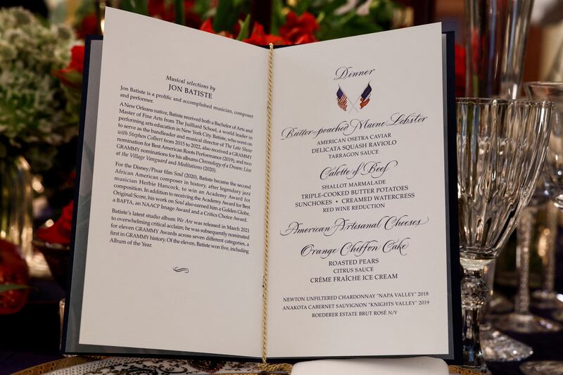 The dinner programme and menu for Thursday evening's State Dinner in honour of French President Emmanuel Macron and his wife Brigitte. Reuters